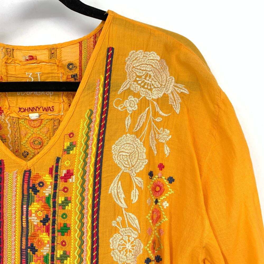 Johnny Was 3J Workshop Womens Embroidered Tunic Top Sz XL Golden Yellow Floral - Picture 3 of 6